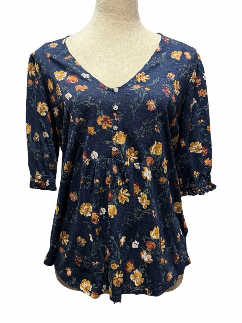 Lucky Brand Navy Floral V-Neck Peplum Blouse